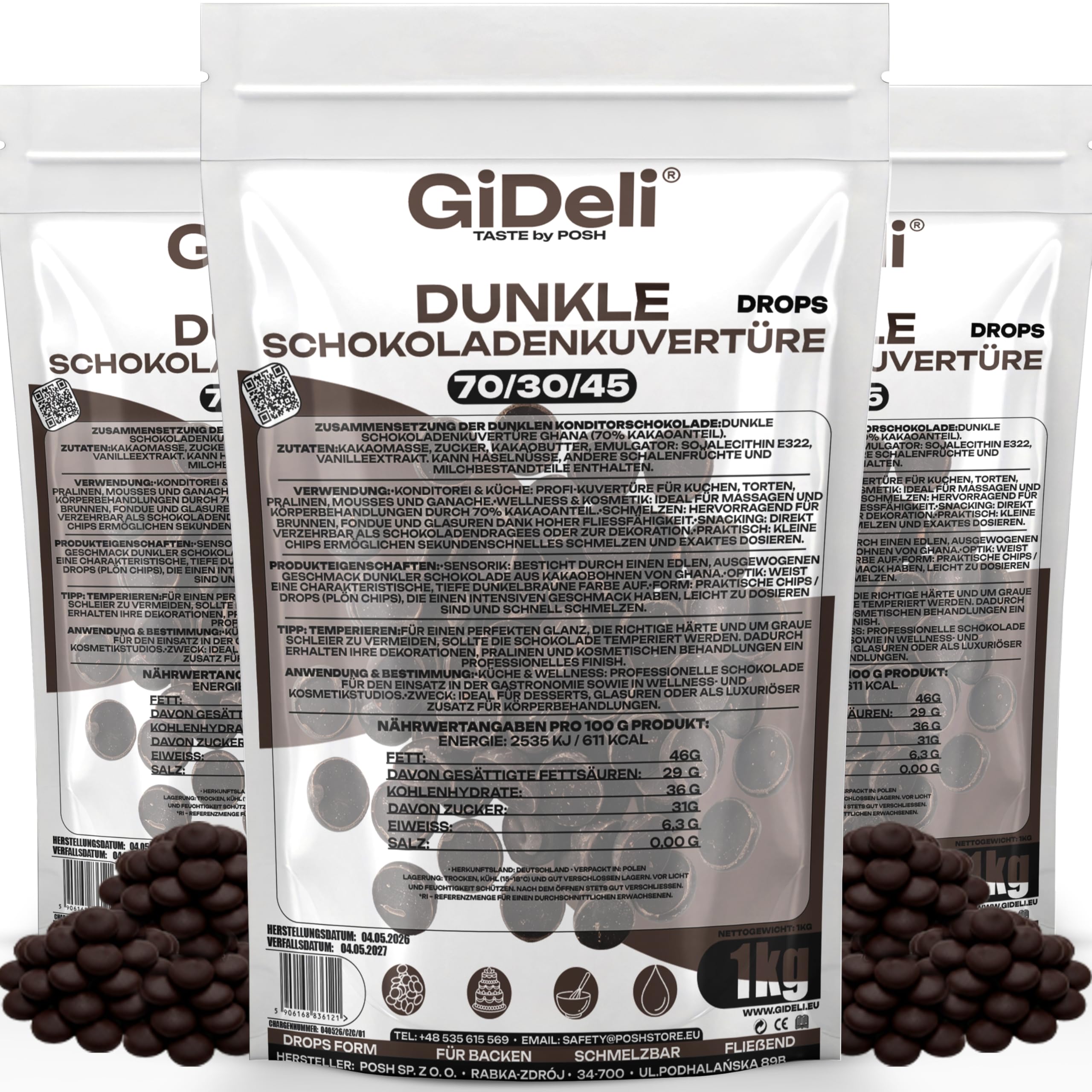 GiDeli Dunkle Schokoladenkuvertüre 70% Drops 3x1kg - Professionelle Zartbitterschokolade zum Temperieren - Kakao aus Ghana - Fließfähigkeit 45 - Ideal für Torten, Pralinen & Ganache