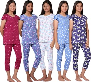 TotzTouch Girls Night Dress | Pajama Set | T-Shirt and Capris 3/4th Pant Pink,Purple, White, Violet, Blue Printed (Age 3 t... Price In India