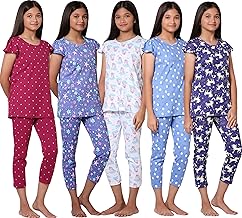 TotzTouch Girls Night Dress | Pajama Set | T-Shirt and Capris 3/4th Pant Pink,Purple, White, Violet, Blue Printed (Age 3 to 15 Years)