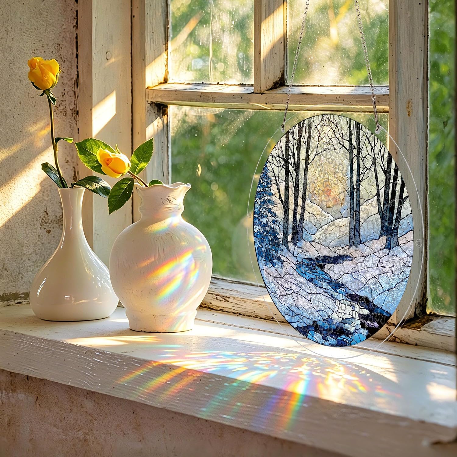 Winter Snowy Sunrise Landscape Acrylic Suncatcher Puzzle Stained Glass