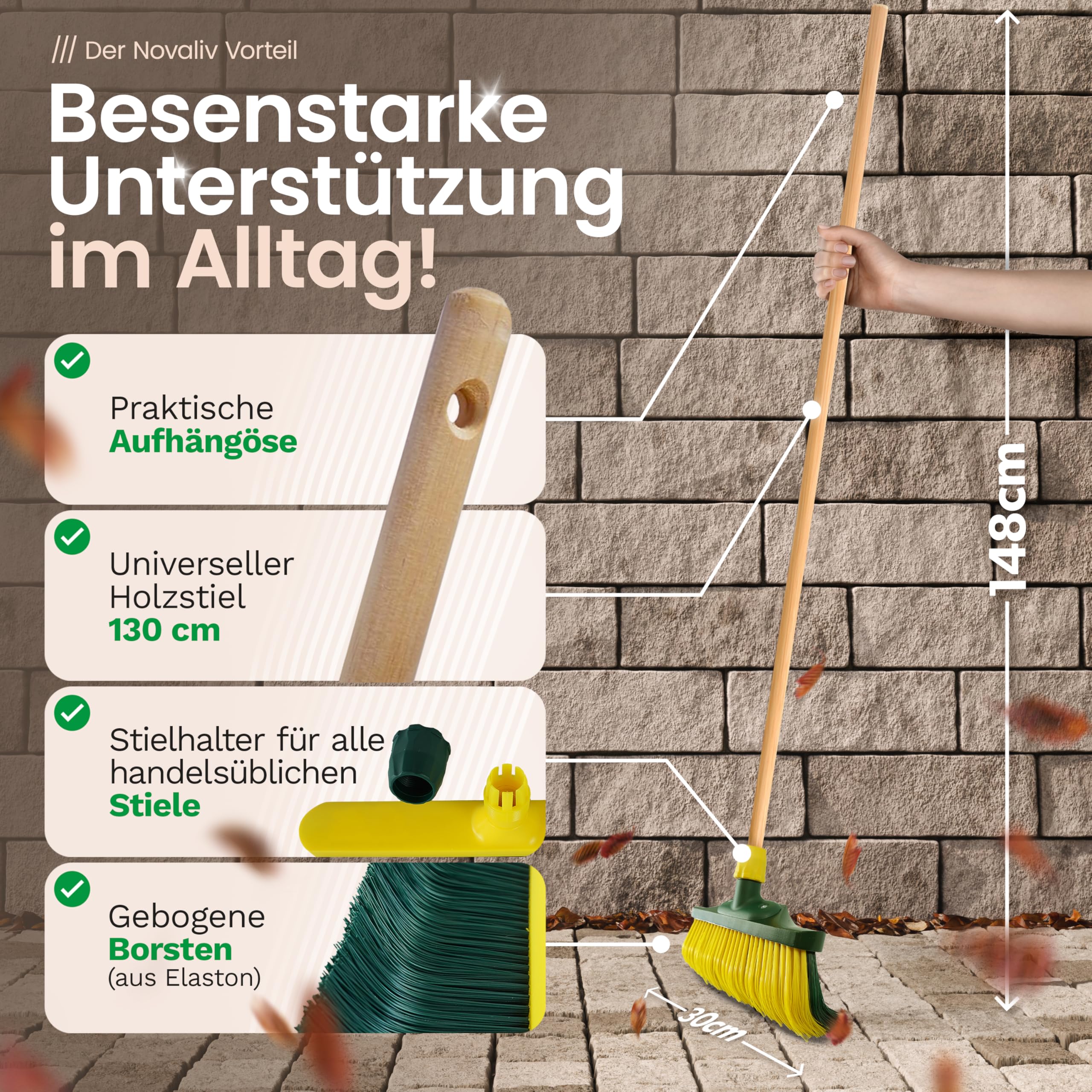 Novaliv 4 x Krallenbesen 30 cm Holz I Gebogene Borsten Outdoor I Straßenbesen Kehrbesen (Besen + Holzstiel, 30 cm)