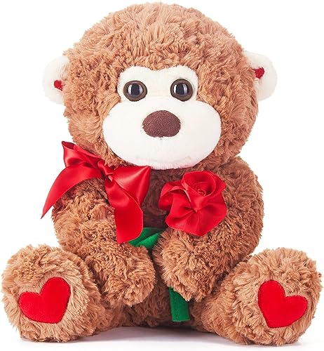 IKASA Juguete de peluche de mono con corazón para el día de San Valentín, lindo peluche marrón de 11.8 pulgadas, suave con rosa y lazo, pequeño