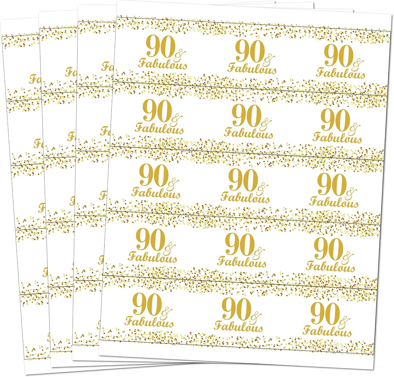 90 & Fabulous Water Bottle Labels; Set of 25 Waterproof Water Bottle Wrappers; Gold and White Stickers. Happy Birthday Labels. Made in USA