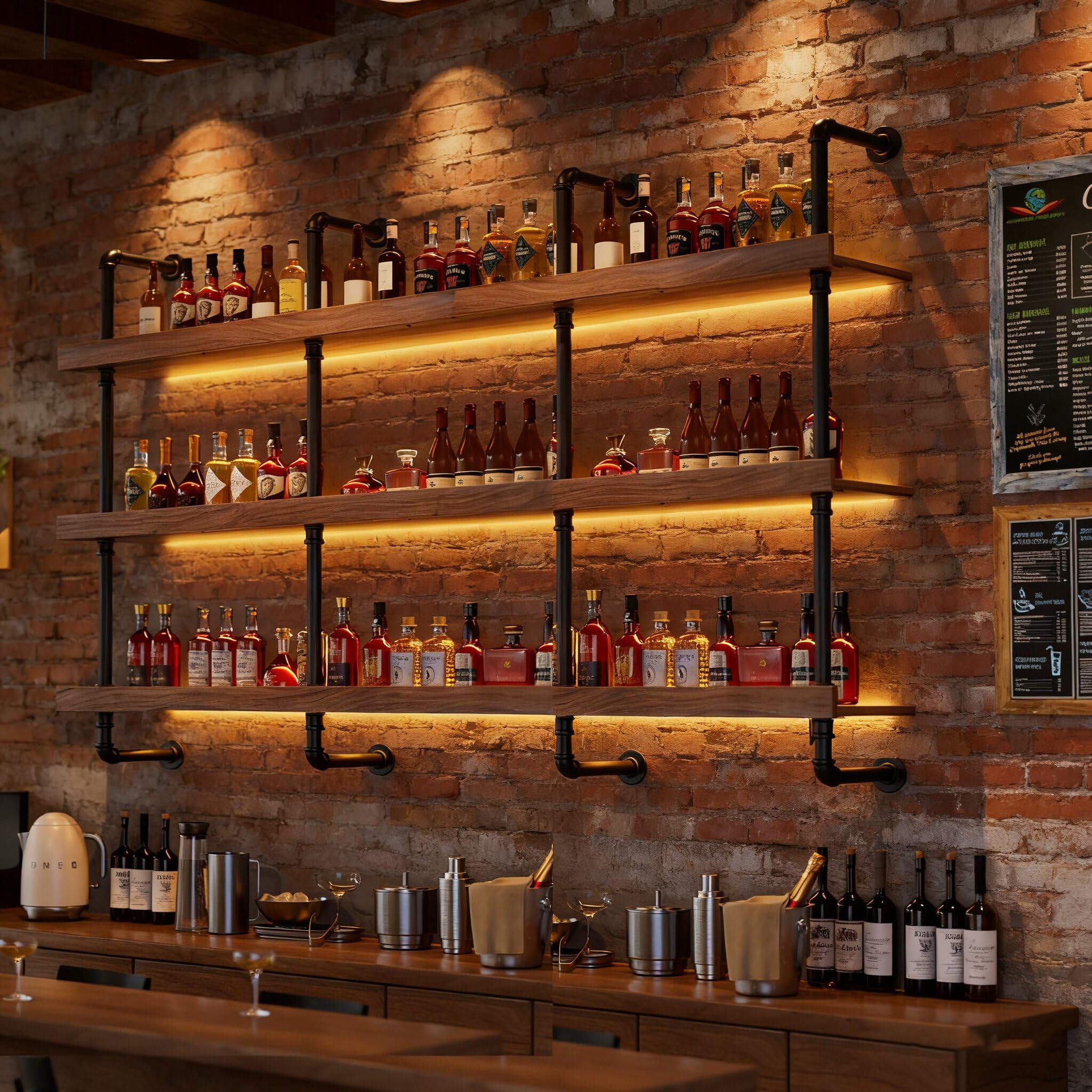 Botellero de Pared Industrial, 2 cm de Grosor Estantes demadera Maciza Botellero Vino Luz LED, Soporte Flotante para exhibición de Vino, para Cocina, Bar, Cafetería y decoración (180cm)