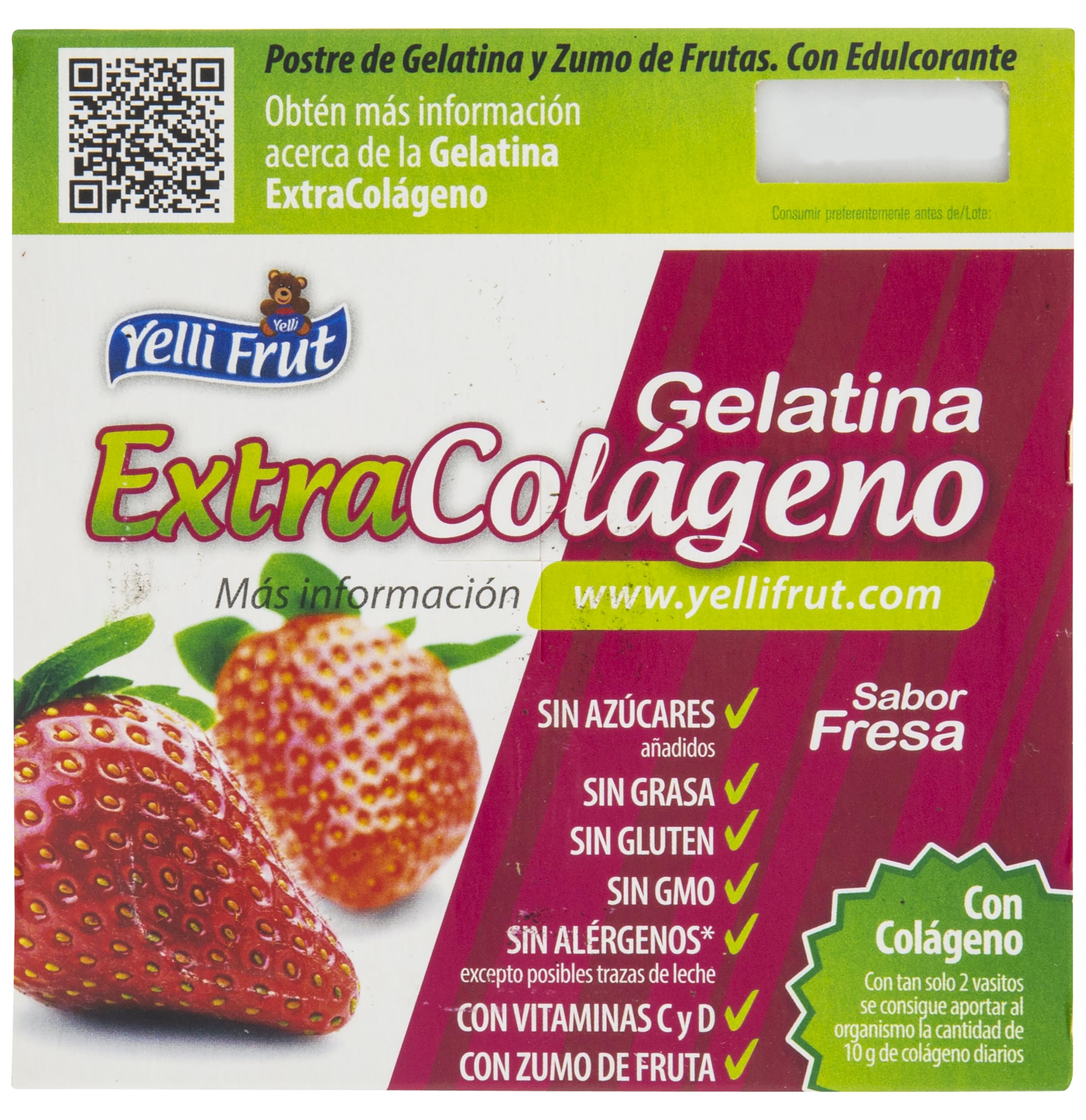 Extra Colágeno Fresa. Postre de Zumo de Frutas y Gelatina. Sabor Fresa en tarrina de 100 gramos. Pack de 12x4 = 48 tarrinas. 8g de colágeno mejora la flexibilidad y función de las articulaciones