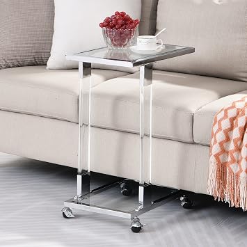 Mobile Sofa Side Table Acrylic End Table C Shaped Snack Table On Wheels with Tempered Glass Shelves and Clear Acrylic Frame, Clear Rolling Table Breakfast Tray Table Silver
