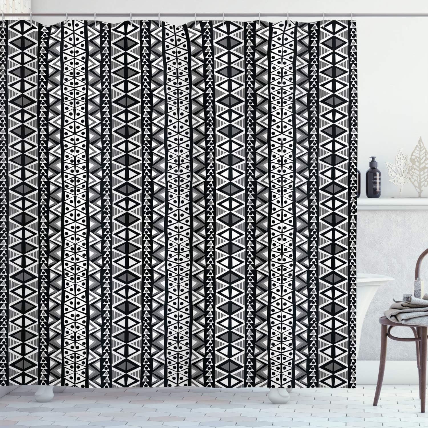 Ambesonne Retro Shower Curtain, Boho Pattern in Black and White Design Western Tribal Native Effects of Folkloric Touches Art, Fabric Bathroom Decor Set with Hooks, 69" W x 75" L, Dark Black Grey