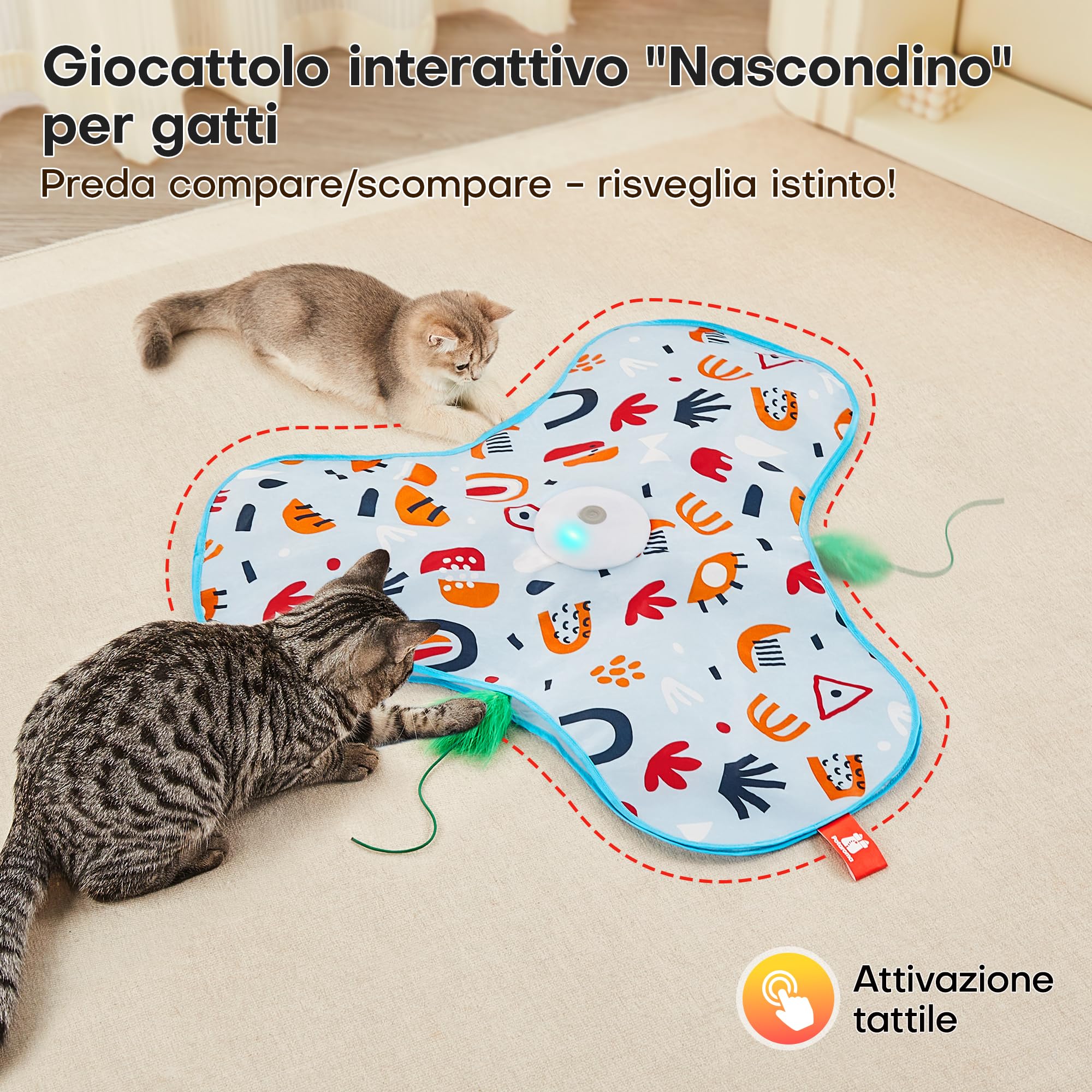 Potaroma Giochi per Gatti Interattivi Ricaricabili – Giocattolo con Piume Nascoste in Movimento, Suono Realistico di Topo, Attivazione al Tocco, per Gattini e Gatti Adulti da Interno Cover Floreale