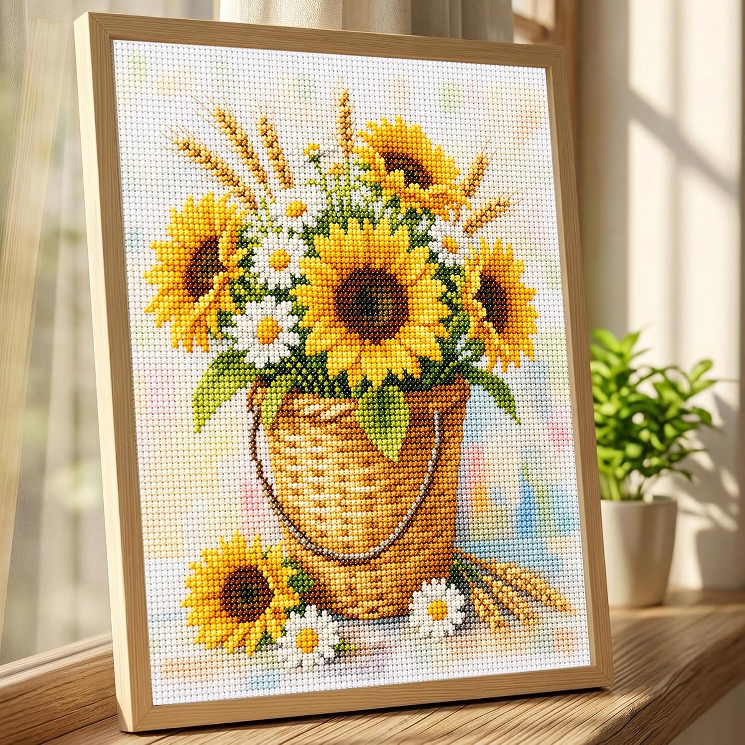 Zhenqing Sunflower Basket Cross Stitch Kit, 11CT Printed 30x40cm, Full Stitch Embroidery Set for Beginners with Daisies & Wheat (JS0020)