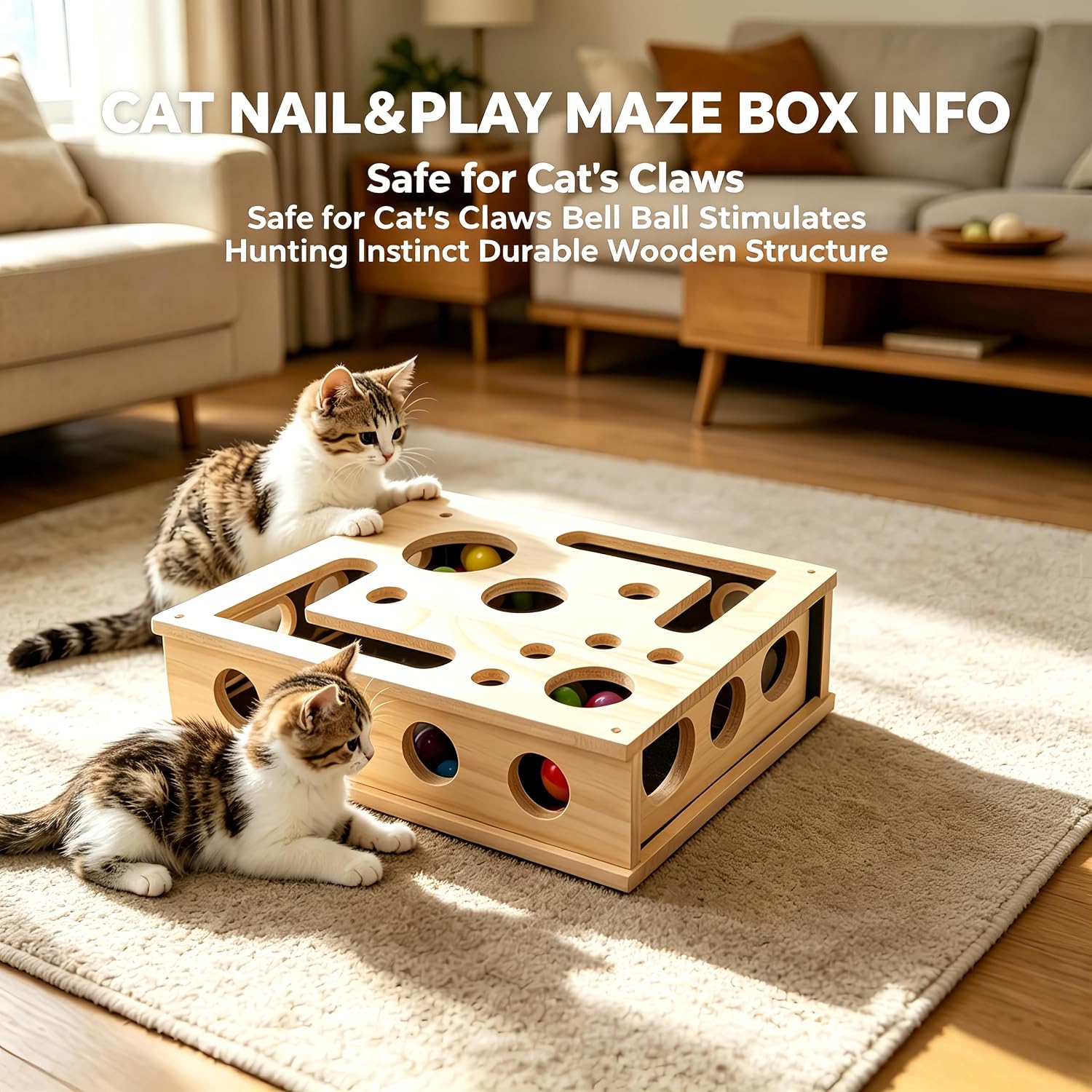 Wooden Cat Scratch Puzzle Enrichment Box, Interactive Cat Nail File Enrichment Box with Sandpaper Inside and Bell Ball, Scratch Puzzle Box for Cat Stress Free Alternative to Clippers and Grinders