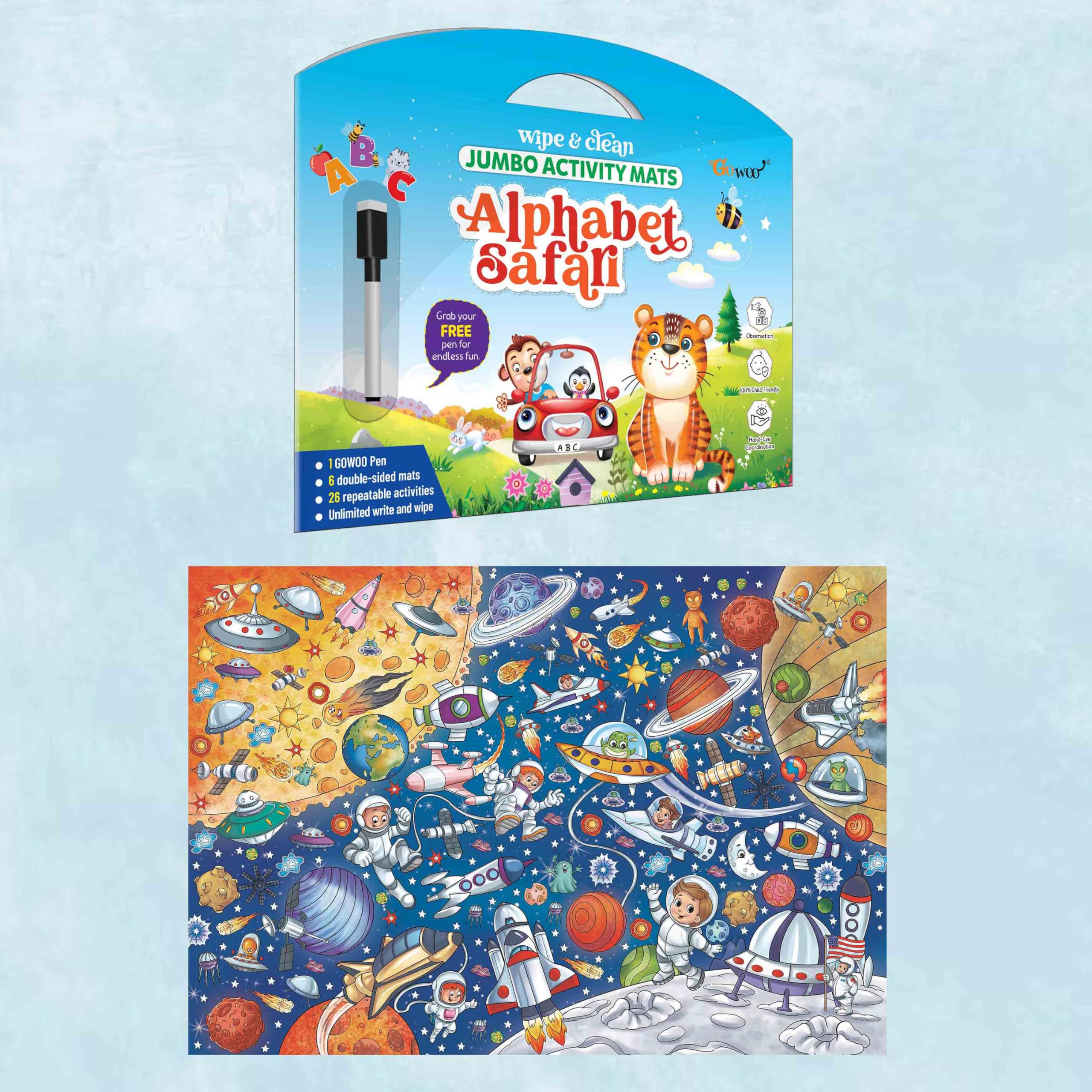 Alphabet Safari and Giant Space Colouring Poster | Combo of 1 Activity mat with Pen and 1 Colouring Poster | Alphabet Adventures in Space: Safari Mat and Giant Coloring Poster