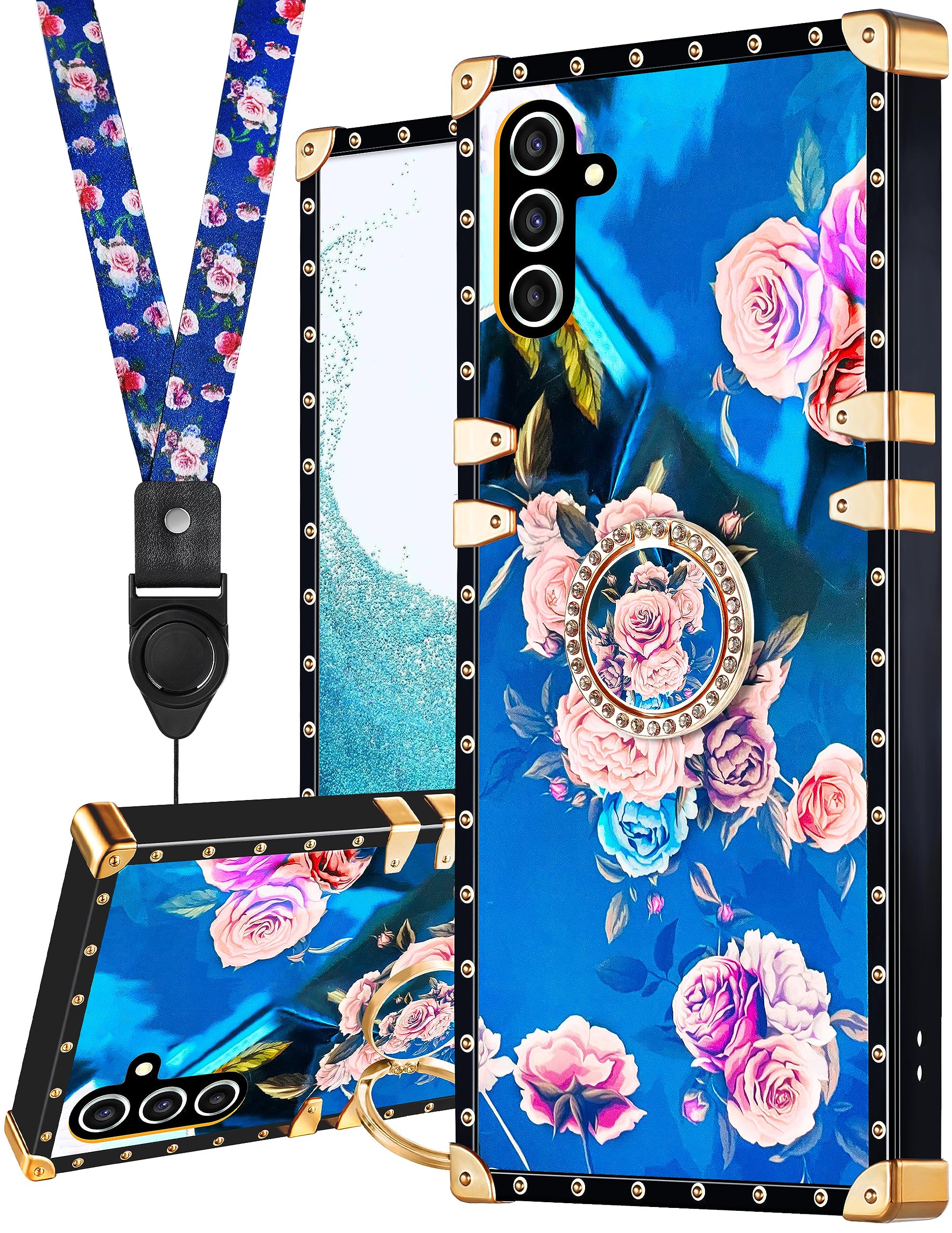 Shorogyt A54 5G Case for Women Girls Teens Designer Fashion Cute Cases with Ring Stand Holder and Lanyard Stylish Aesthetics Floral Luxury Cover for Samsung A54 6.4 Inch