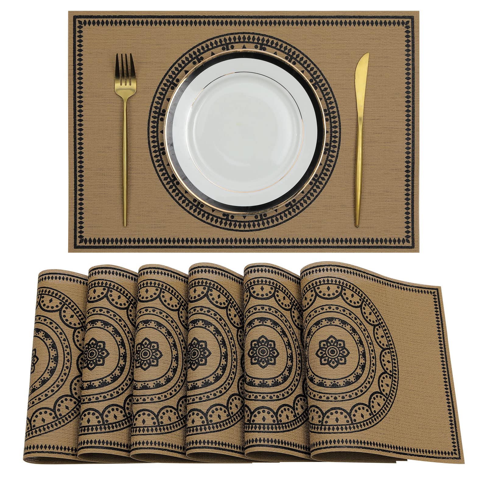 SHACOS 6Pcs Placemats PVC 44 x 30 cm Table Place Mats Heat-Resistant Linen Table Placemats Sets For Dinning Table Home Restaurant Decor