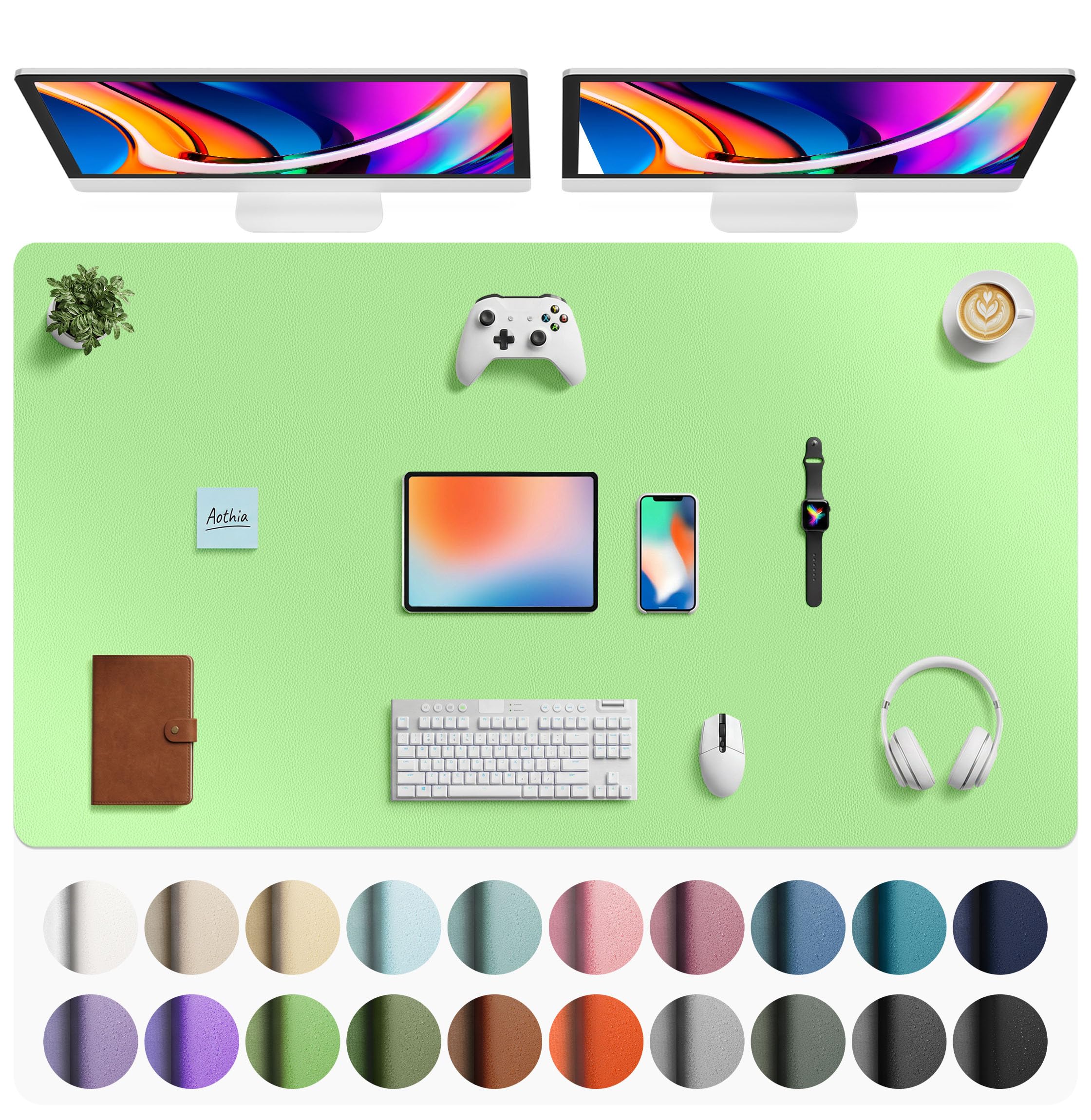 Aothia Faux Leather Desk Mat - Large Mouse Pad, Non-Slip PU Leather Blotter, Waterproof Writing Surface for Office and Home (Foam Green, 63" x 24")