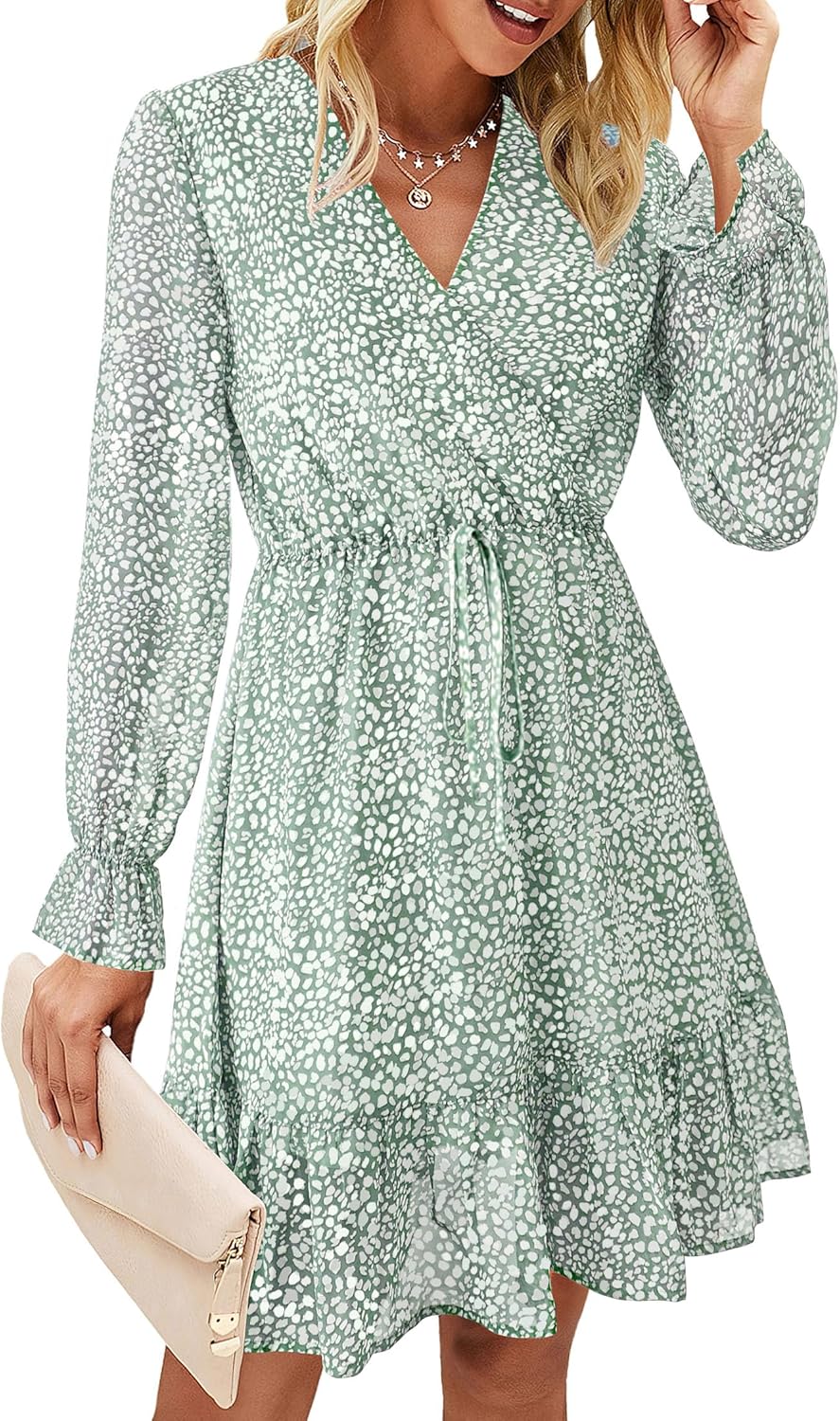 KIRUNDO Women Casual Summer Fall Dresses Long Sleeve Floral Wrap V Neck High Waist Ruffle Tiered A Line Flowy Mini Dress