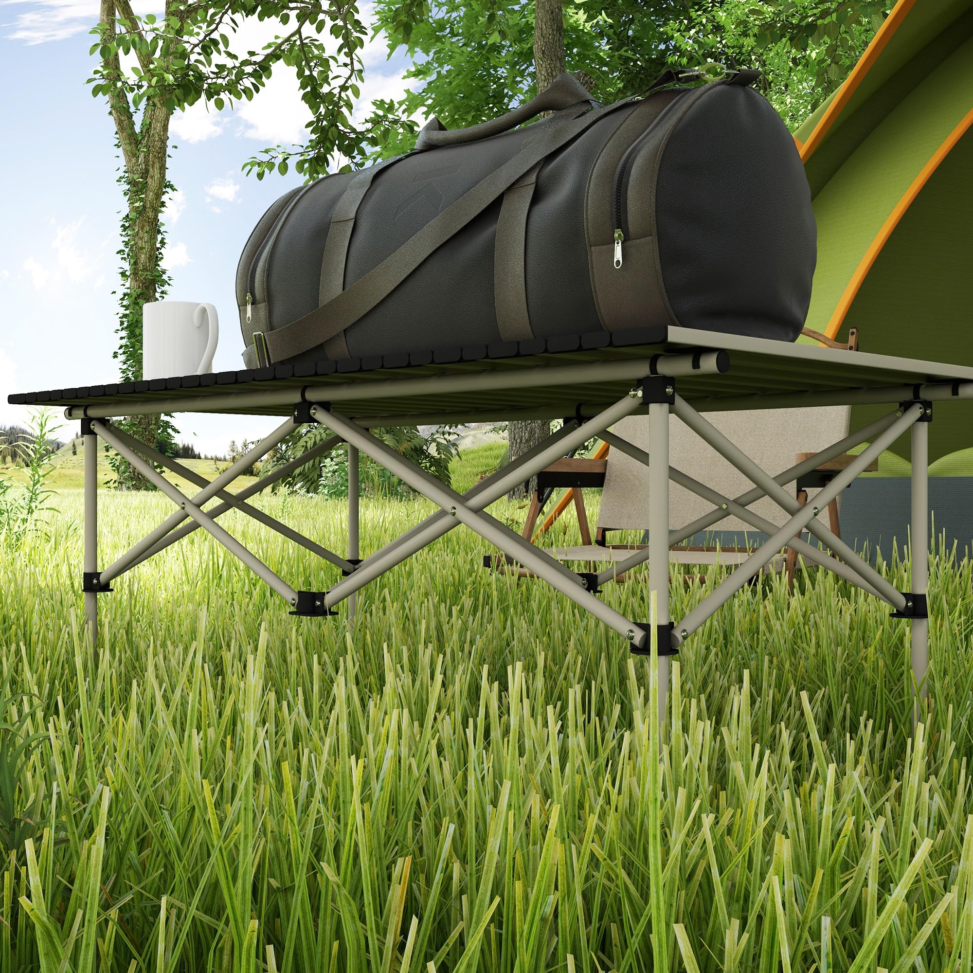Outsunny Mesa Plegable Camping de Aluminio 95x55x50 cm con Tapa Enrollable y Bolsa de Transporte Mesa de Picnic Portátil Ligera para Acampar Senderismo Playa Caqui