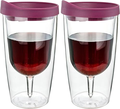 Southern Homewares Vaso de vino con tapa roja Merlot de 10 onzas, paquete de 2 unidades, acrílico de doble pared aislada con taza transparente