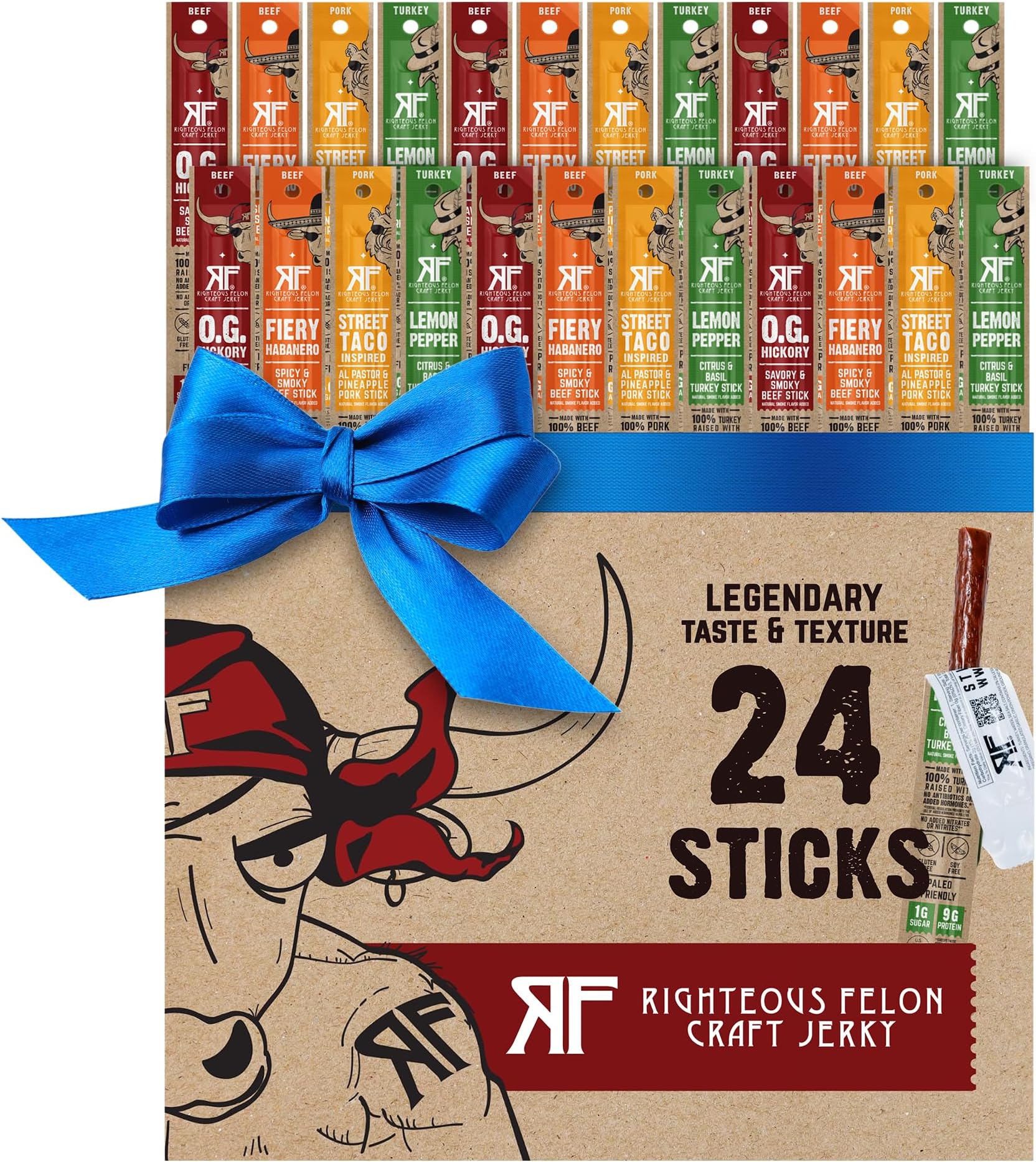 Righteous Felon Variety Meat Sticks | 100% Grass Fed Beef, Turkey & Pork | 210g Total Protein | Gluten-Free, Low Sugar, High Protein Snack Sticks | Individually Wrapped | Jerky Variety Pack, 24 Count