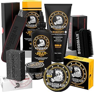 Bossman Big Boss - Kit de cuidado de barba para hombres, juego de aseo de 7 piezas con aceite de gelatina para barba, acondicionador, bálsamo, cera, jabón, peine, cepillo, aroma dorado