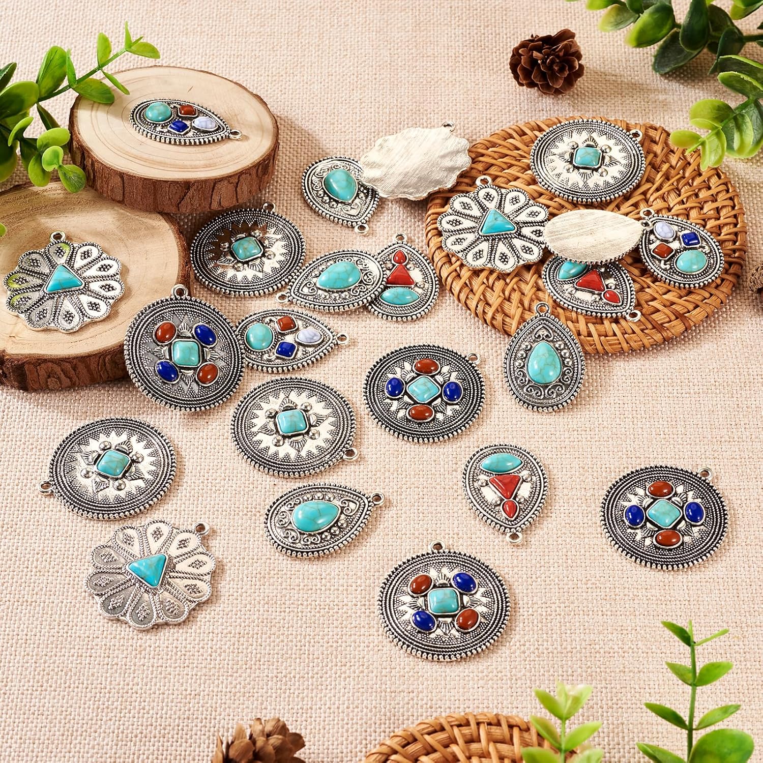 24Pcs Turquoise Charms Western Charms for Jewelry Making Vintage Antique Silver Pendants Teardrop Flower Flat Round Dangle for Bohemian Necklace Earring Making - Image 5