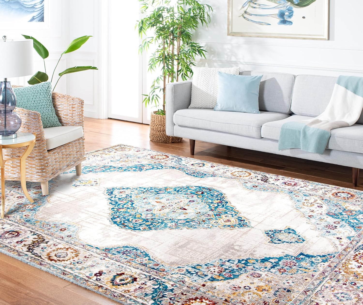 SAFAVIEH Aria Collection Runner Rug - 2' x 8', Blue & Ivory, Boho Chic Medallion Distressed Design, Non-Shedding & Easy Care, Ideal for High Traffic Areas in Living Room, Bedroom (ARA116A)