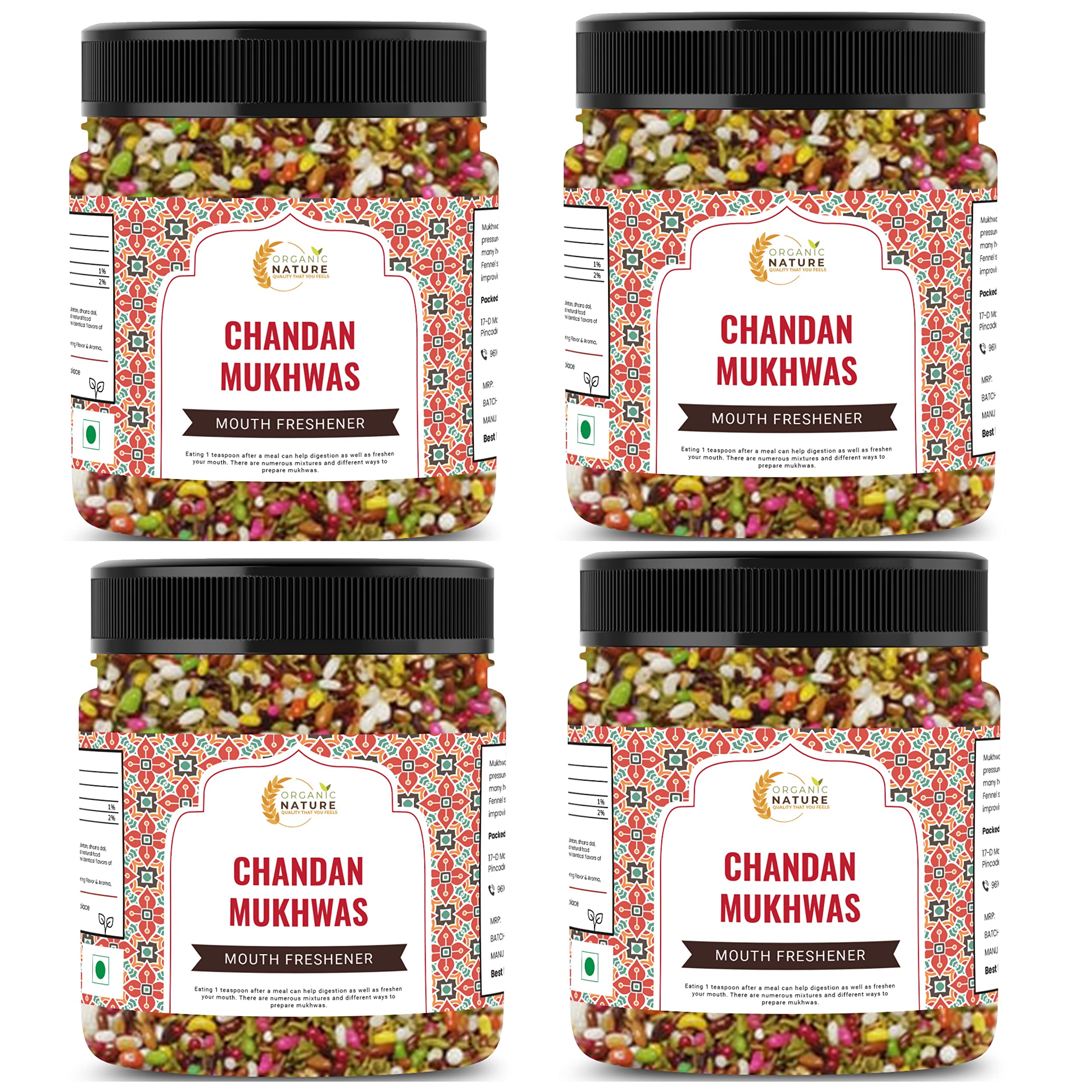 Organic Nature Chandan Mukhwas Mouth Fresheners Mukhwas (Jar Pack) (1200 Grams (Pack of 4 of 300 Grams))