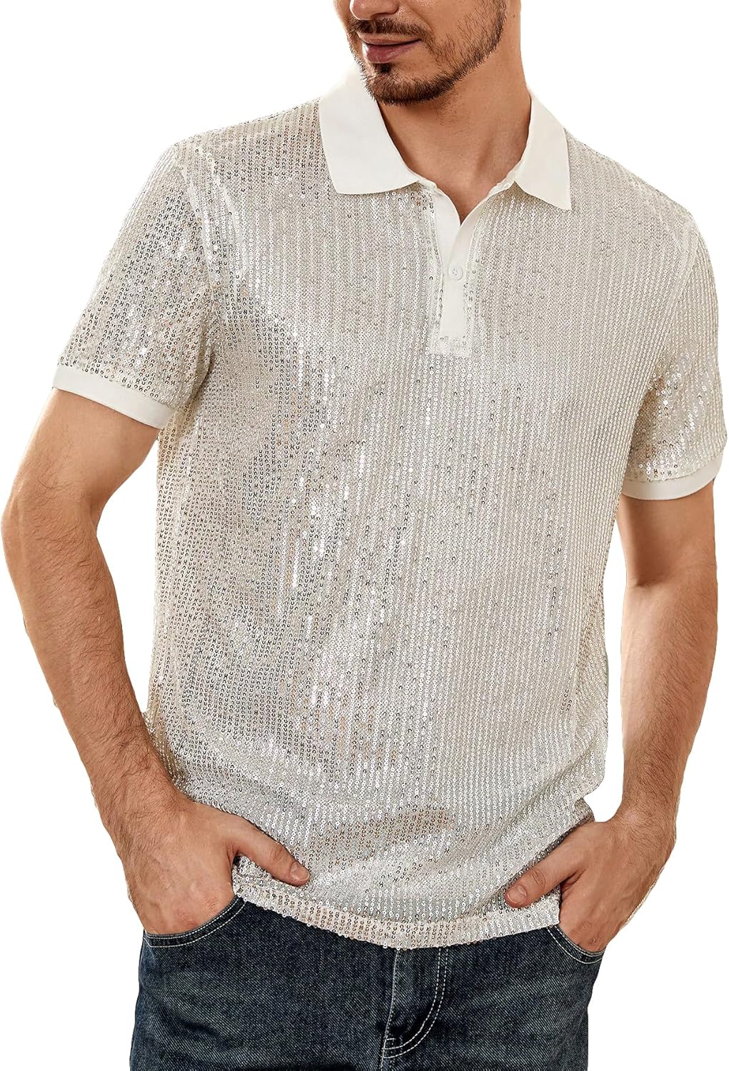 WDIRARA Men's Contrast Sequin Stand Collar Shirt Short Sleeve Party Polo Shirt Top