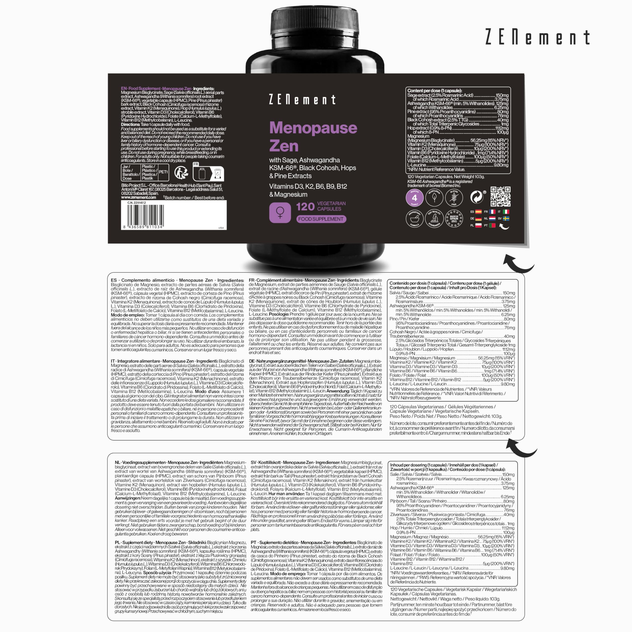 Formule Ménopause Jour & Nuit – 11 Ingrédients Actifs : Sauge, Ashwagandha KSM-66, Houblon, Pin, Actée à Grappes Noires, Vitamines D3 K2 B6 B9 B12 et Magnésium – 120 Gélules, Sans Soja – Menopause Zen