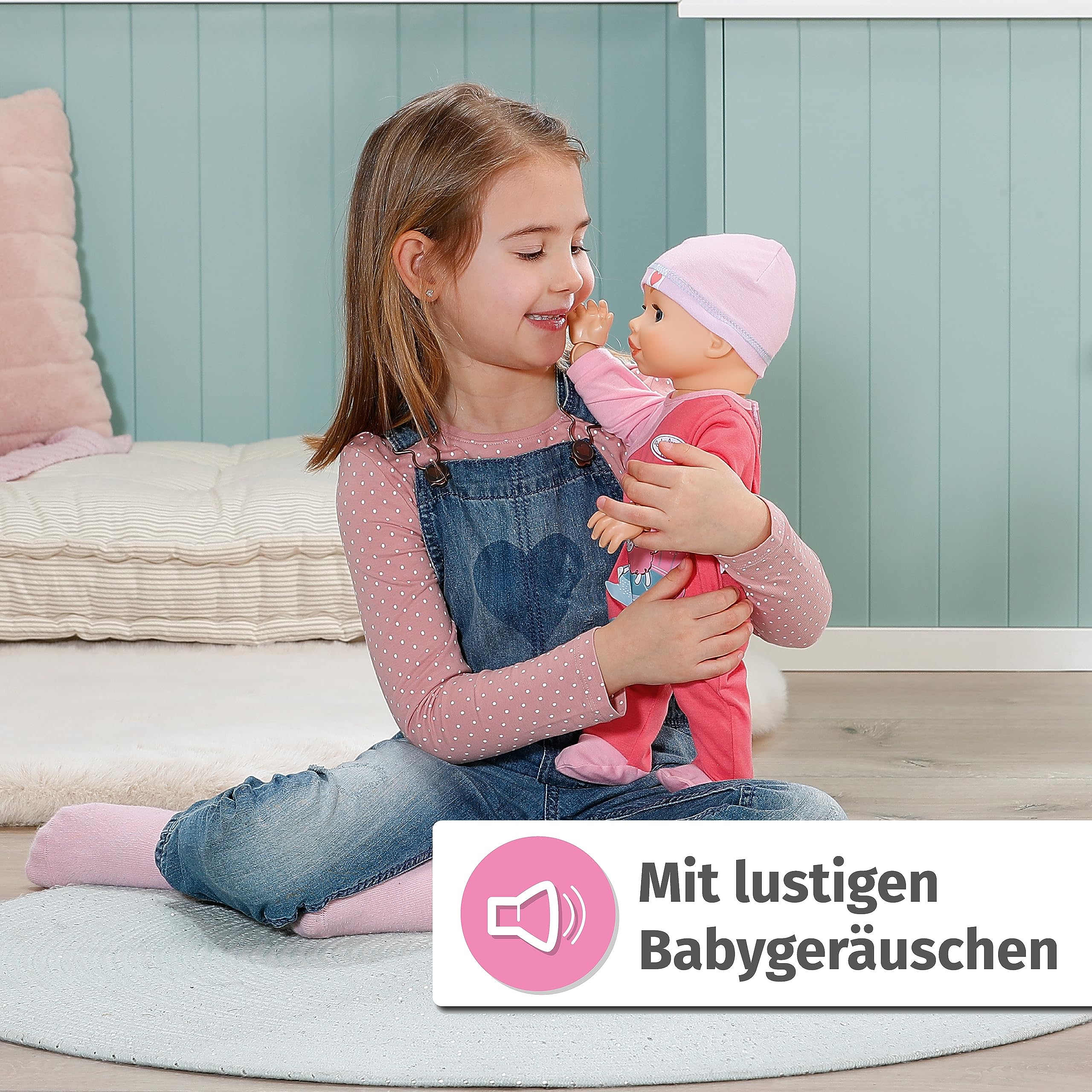 Baby Annabell Emily lauf mit Mir 43cm, Krabbel- und Lauflernpuppe mit Soundfunktion, rosa Strampler und Mütze, 710623 Zapf Creation
