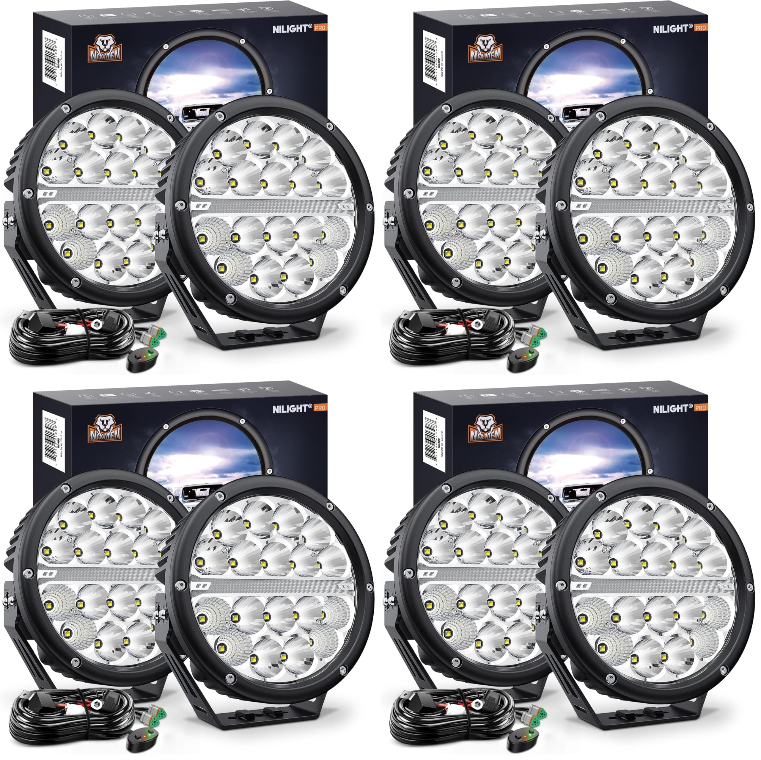 Nilight 7 Inch Round LED Offroad Driving Lights with DRL 2PCS 90W 9850LM IP68 Spot Flood Combo Work Light with 12AWG DT Connector Wiring Harness Kit, 5 Year Warranty (Pack of 4)