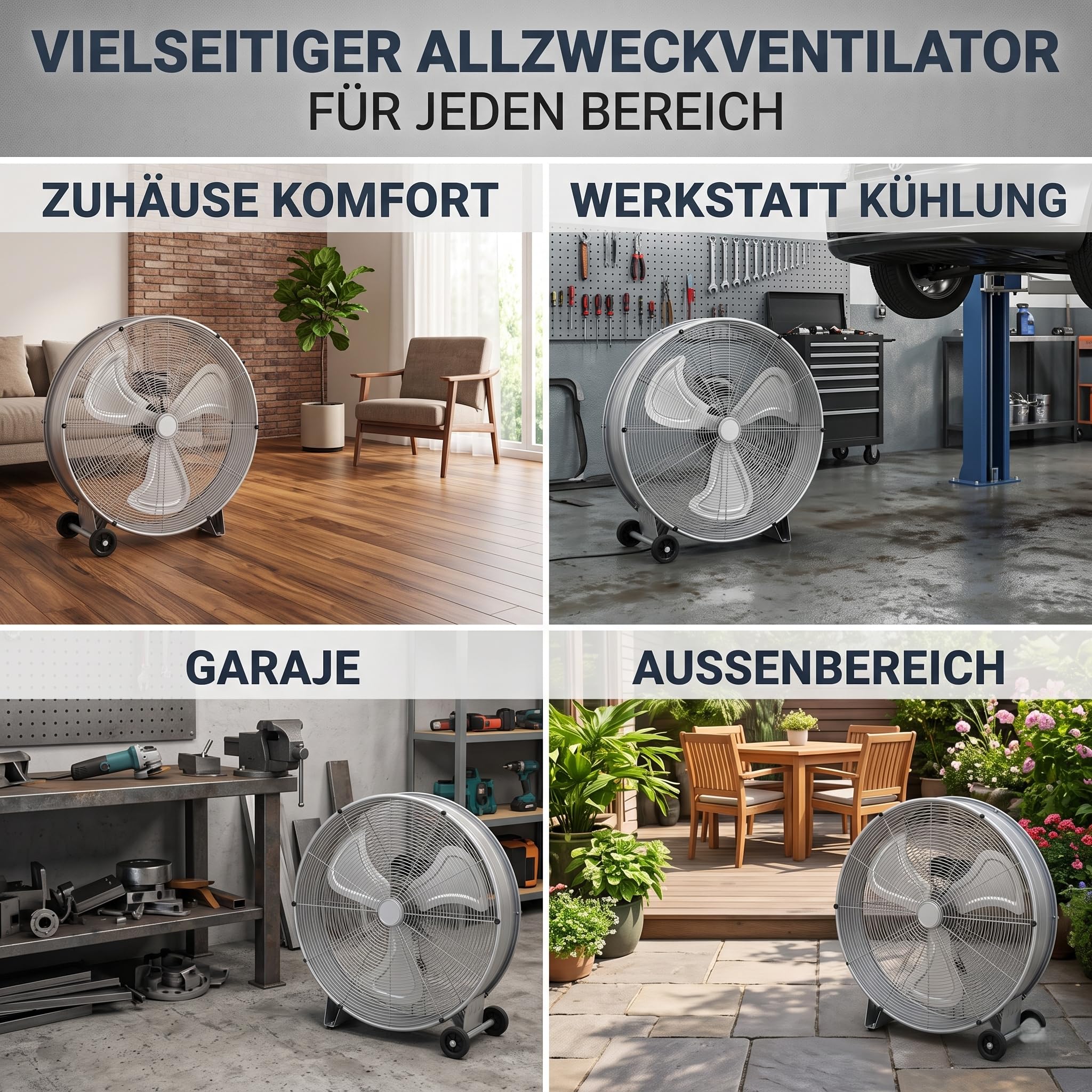 Gecheer Trommelventilator Neigbar mit 2 Rädern, Aluminium, 79x37x82 cm | 3 Geschwindigkeitsstufen, 3 Metallflügel, Leichte Reinigung für Innen- und Außenbereich Werkstatt Garage Halle