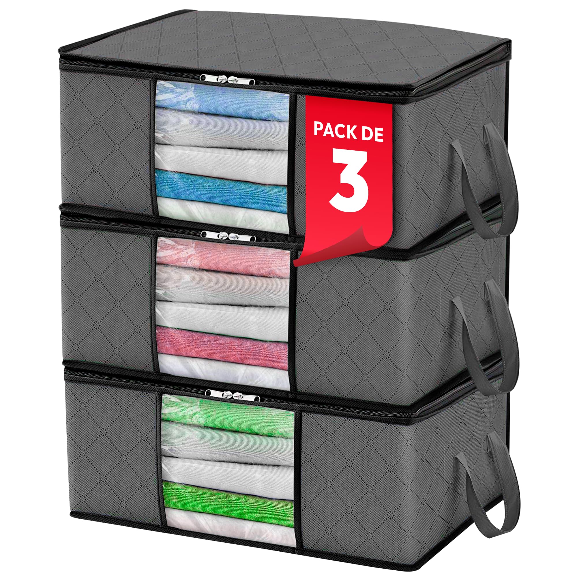 JUPPLIES Cajas Almacenaje Ropa 35L - 35.5x50x18.5cm - Cajas Organizadoras con Ventana Transparente, Cremallera Bidireccional y Asas Reforzadas, Bolsas para Guardar Ropa (Pack 3-35L cada unidad)