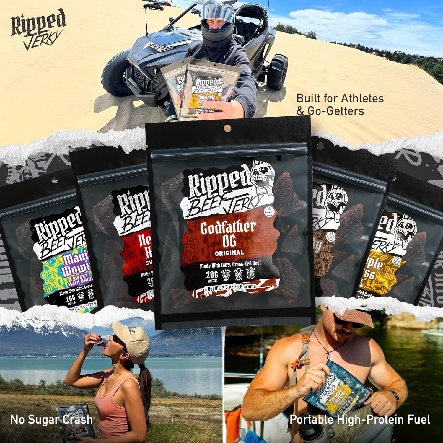 Ripped Beef Jerky - 100% Grass Fed Beef, 20g Protein, Real Ingredients, Gluten Free, No MSG, Made in USA (2.5 Ounce (Pack of 5), Variety Pack)