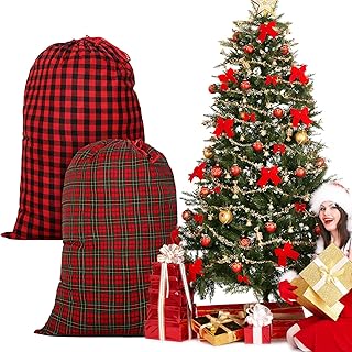 2 Pieces Christmas Sack Buffalo Plaid Drawstring Storage Bags Exlarge 39.37 x 25.9 Inch Xmas Storing Sacks Bags for Party Favors Supplies (Green and Red Plaid)