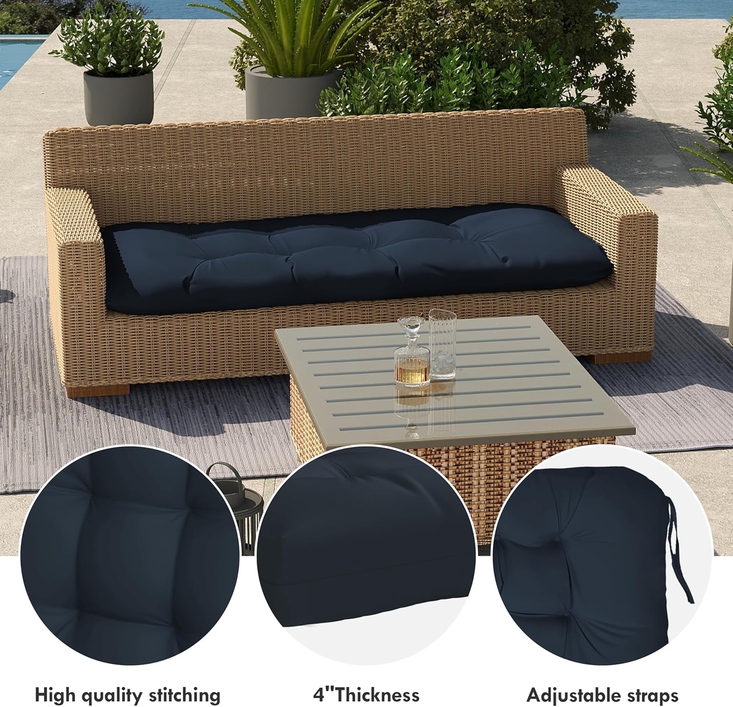 Outdoor Bench Cushion with Ties, 41"x19"x4" Outdoor Loveseat Cushions, Waterproof Patio Seat Cushion, Fade Resistant Patio Bench Pads for Porch Swing Window Seat Entryways, Dark Blue
