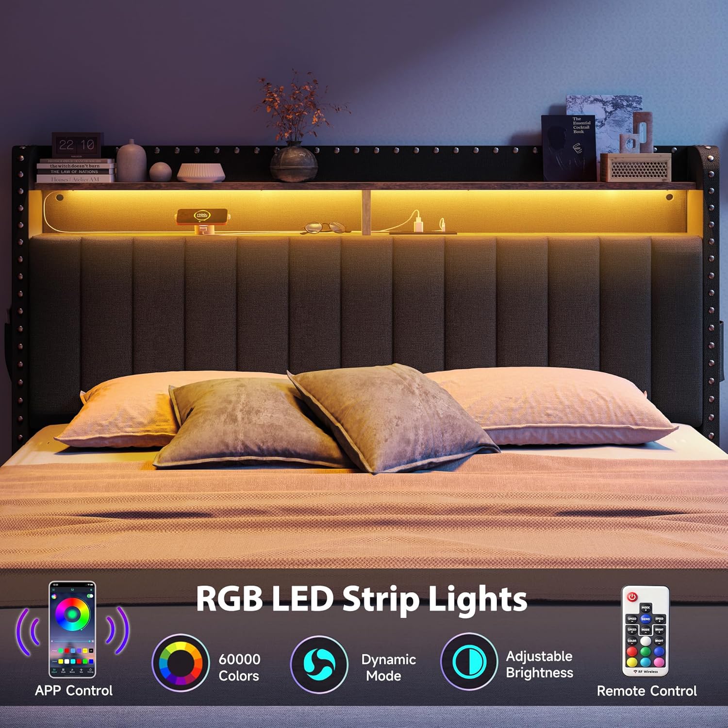 Queen Bed Frame with Storage Headboard and Drawers, Upholstered Bed Frame Queen Size with Charging Station and LED Lights, Bed Frame with Wooden Slats Support, No Box Spring Needed