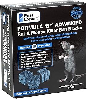 Pest Expert Formula 'B+' Advanced Rat Bait Poison & Mouse Poisoning Indoor Killer Bait Blocks (300g), Professional Strength Single Feed Brodifacoum