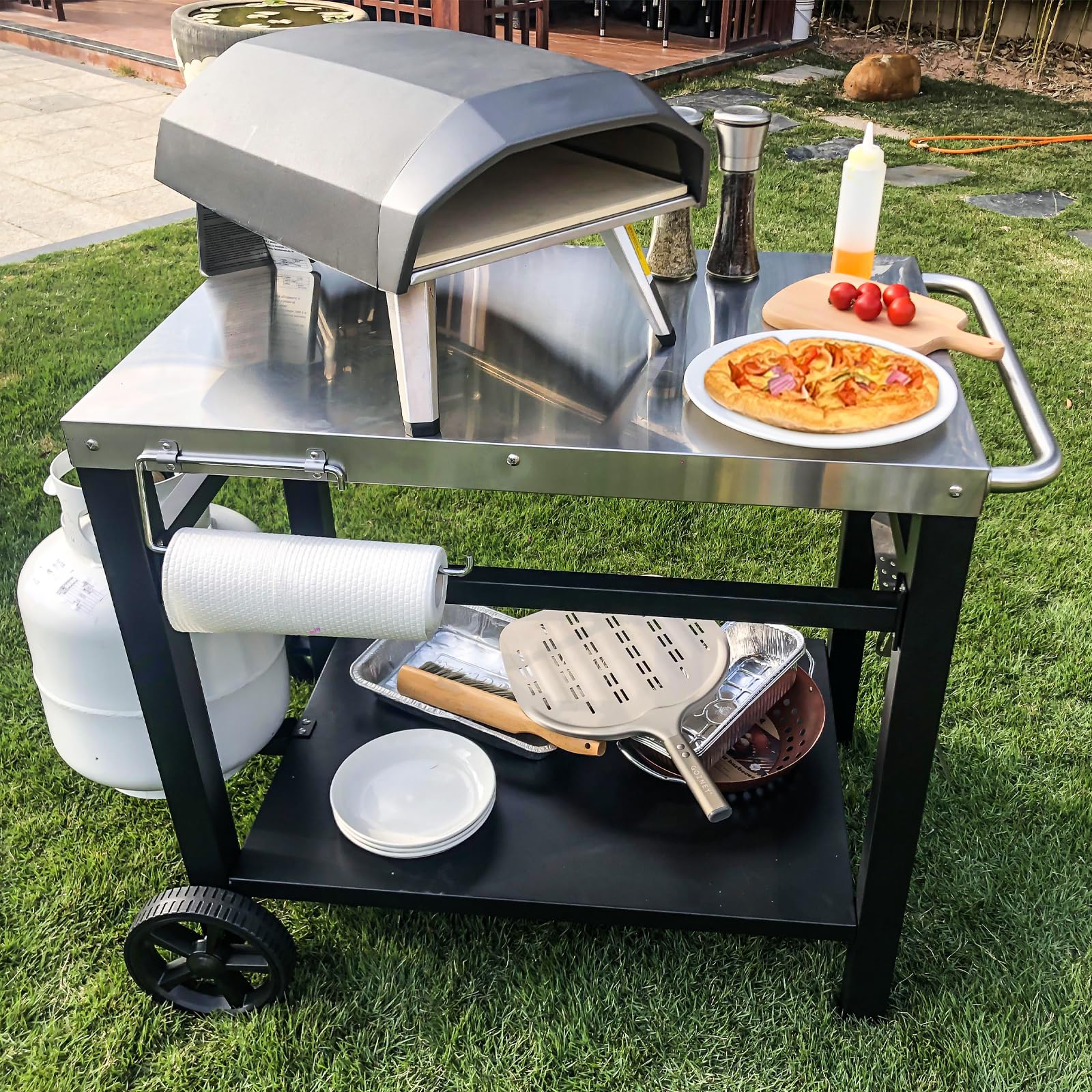 GFTIME Table de Barbecue en Acier Inoxydable avec 2 étages, Support de Four à Pizza, Table de Barbecue pour l'extérieur, Chariot de Travail avec 5 Crochets, Chariot de Service extérieur, Table