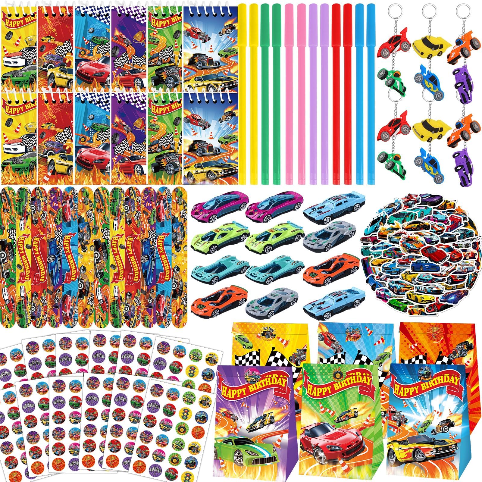 Hot Car Party Favors Racing Car Birthday Party Supplies Race Cars Gift Bags Notebooks Pens Key Chains Slap Bracelets Mini Cars DIY Sticker for Kids