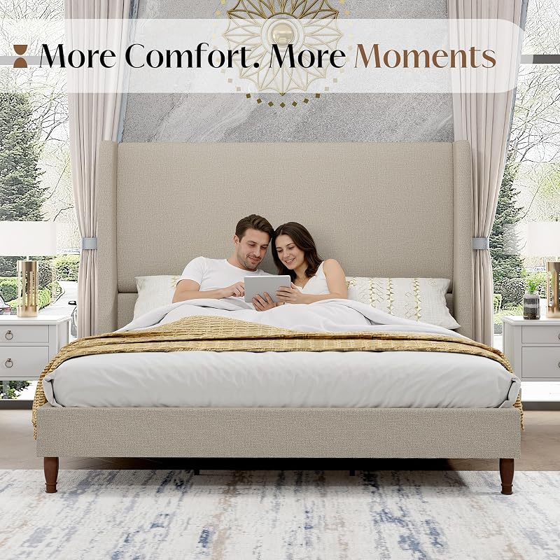 PaPaJet Queen Bed Frame 51.2" Tall Wingback Headboard Upholstered,Khaki image 5