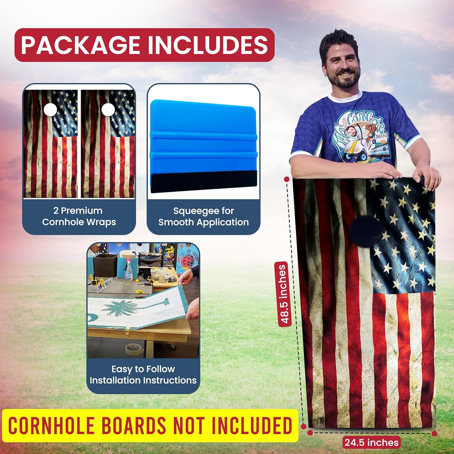 Pair of Corn Hole Wraps | American Flag Themed Cornhole Board Wraps Set | Corn Hole Decal Set 48.5x24.5in Waterproof 3M Vinyl Air Release | Laminated & Easy to Apply Wraps | Gift for Cornhole Lovers