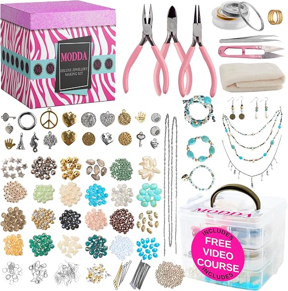 MODDA Deluxe Jewelry Making Kit with Video Course Includes Instructions Beads Necklace Bracelet Earrings Making Crafts for Adults Beginners Christmas Gift for Teens Girls 13-15 Moms Women