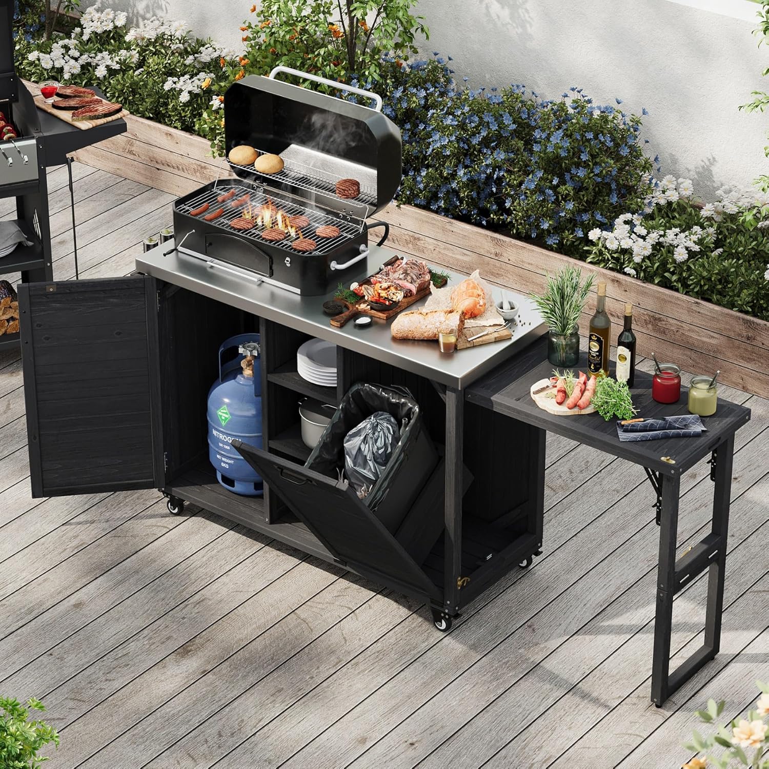 78.3" Outdoor Kitchen Island with Foldable Grill Table - Wooden Grill Cart with Stainless Steel Top, Trash Can Storage and Adjustable Shelves