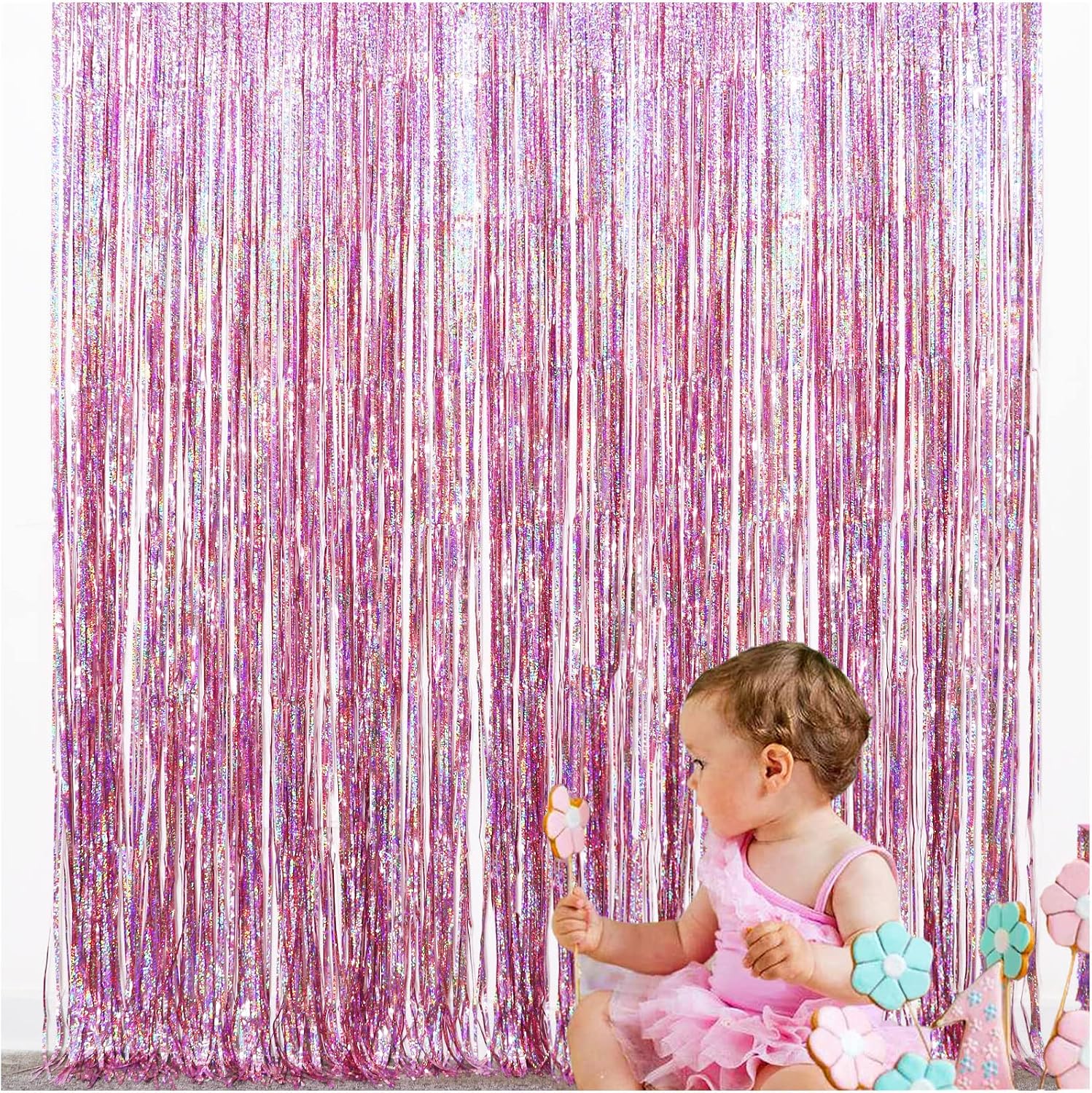 Pink Tinsel Foil Curtain Unicorn Party Supplies Fun Photo Booth Backdrop Props for Baby Shower Wedding Girls Birthday Iridescent Party Decorations(2 Packs, 3.2 * 6.5 Ft)
