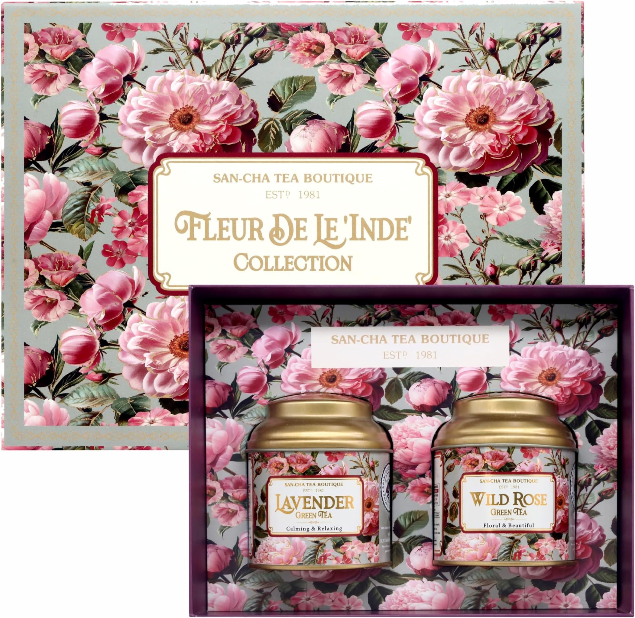 SAN-CHA Tea Boutique | Fleur De Inde Tea Gift Box | Lavender & Rose Flavoured Green Teas | Loose Leaf Variety Pack | 2 × 50g Caddies | Premium Floral Sampler