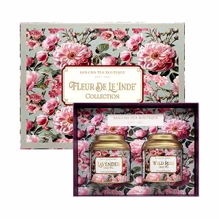 SAN-CHA Tea Boutique | Fleur De Inde Tea Gift Box | Lavender & Rose Flavoured Green Teas | Loose Leaf Variety Pack | 2 × 50g Caddies | Premium Floral Sampler