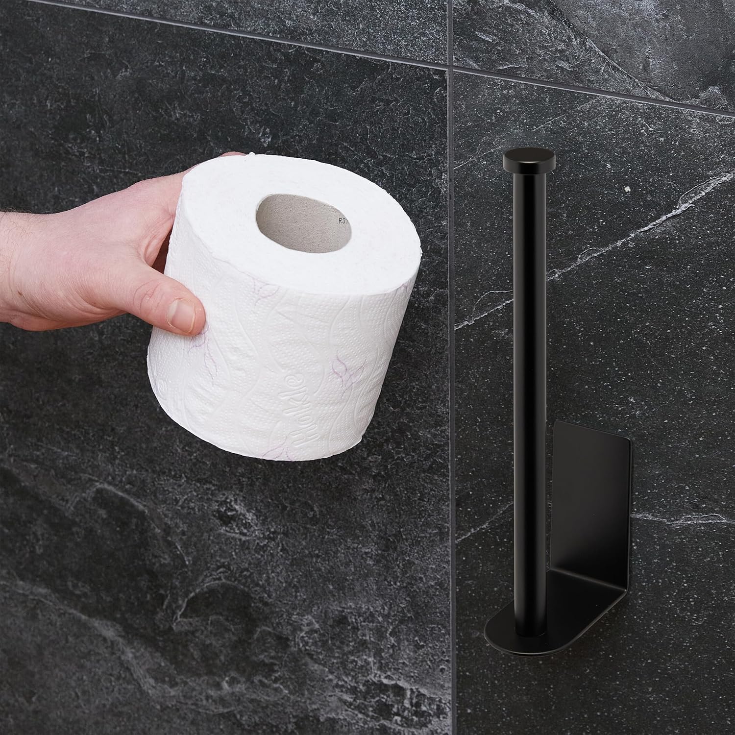 Relaxdays, self-Adhesive, 2 Replacement Rolls, HBT: 26 x 4.5 x 8 cm, Toilet Paper Holder Without Drilling, Black, Stainless Steel, 144er Set