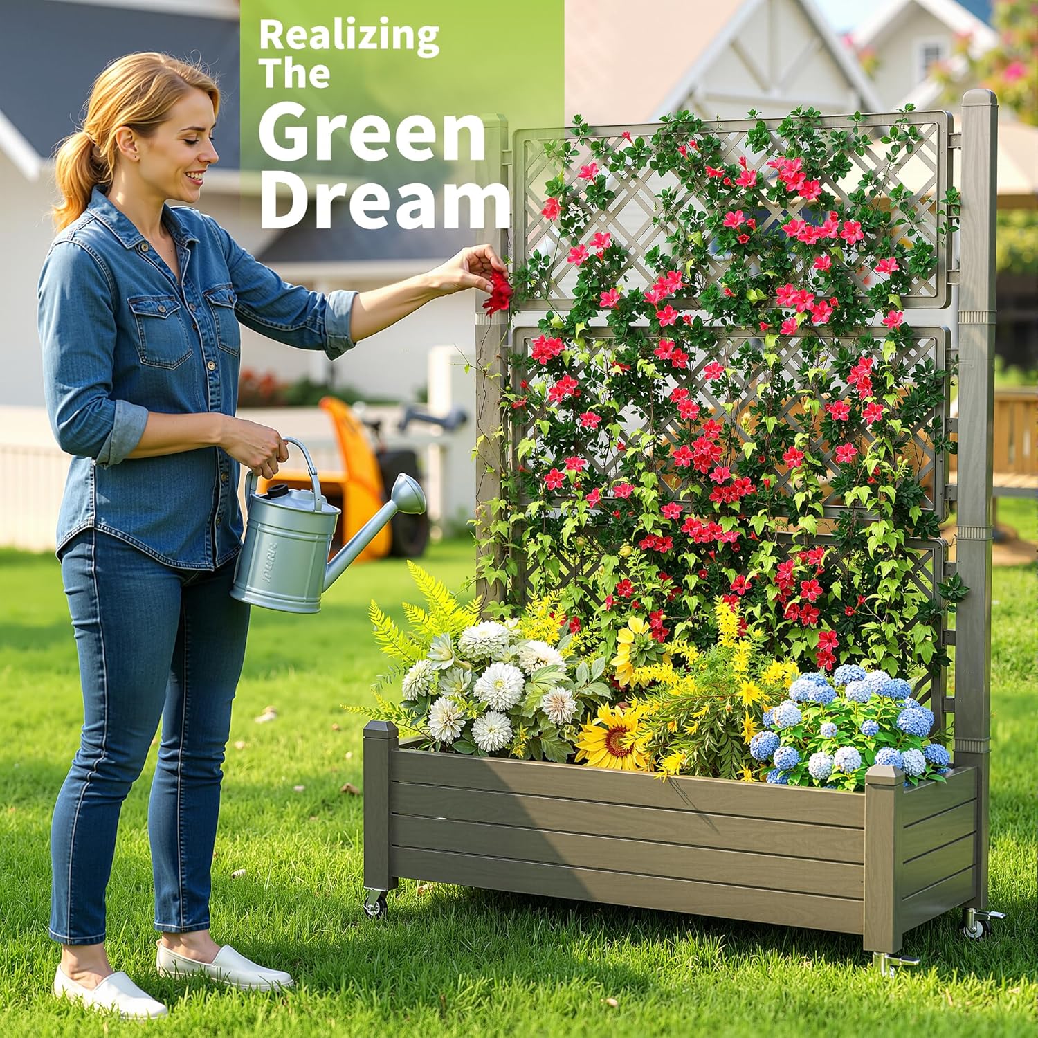 PatioZen Raised Garden Bed with Trellis, 21 Gallon Self Watering Planter Box with Lockable Wheels & Drainage Holes for Climbing Plants Vegetables Flowers, Anti-Rust Resin for Backyard Patio (Grey)