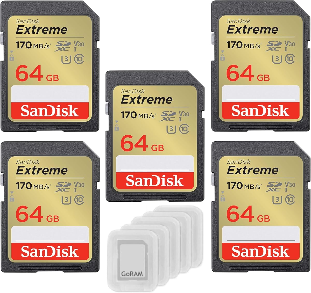 Paquete de tarjetas SD Extreme SDXC de 64 GB 170 MB/s SDSDXV2-064G (paquete de 5) | con (5) estuches de plástico GoRAM: U3, V30, 4K UHD, tarjeta de cámara