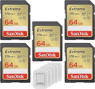 SanDisk 64GB (5 Pack) Extreme SDXC UHS-I Class 10 Memory Card 170MB/s U3, V30, 4K, SD Camera Card SDSDXV2-064G Bundle with (5) GoRAM Plastic Cases (64GB, 5 Pack)